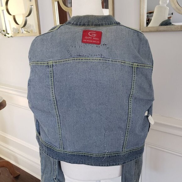 Vintage MED Denim Jean Biker Jacket UK Flag Rock & Roll Boho Retro Indie Grunge - Picture 12 of 16
